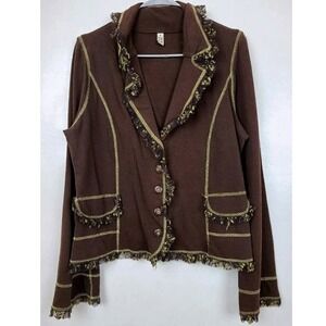 VTG Y2K LOOK Brown Ruffle Trim Blazer Jacket Womens Large Steampunk BOHO
